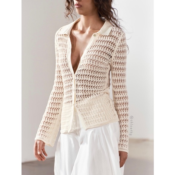 Zara Sweaters - Zara POINTELLE KNIT POLO CARDIGAN